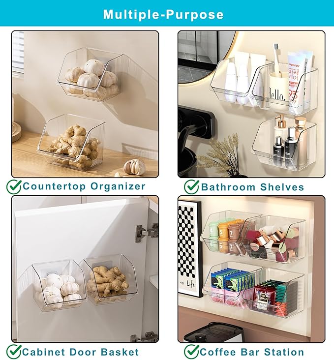 6-Pack Small Clear Storage Baskets, Adhesive Spice Rack Wall Mount for Countertop/Cabinet/Bathroom, Plastic Storage Bins Kitchen Wall Organizer and Storage Shelves, Spice Organizer