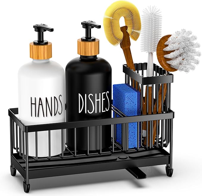 Cisily Kitchen Soap Dispenser Set with Sink Caddy, Glass Bottle, Hand and Dish Soap Dispenser Set with Sponge Holder (Black & White Round Bottles + Black Sponge Holder)