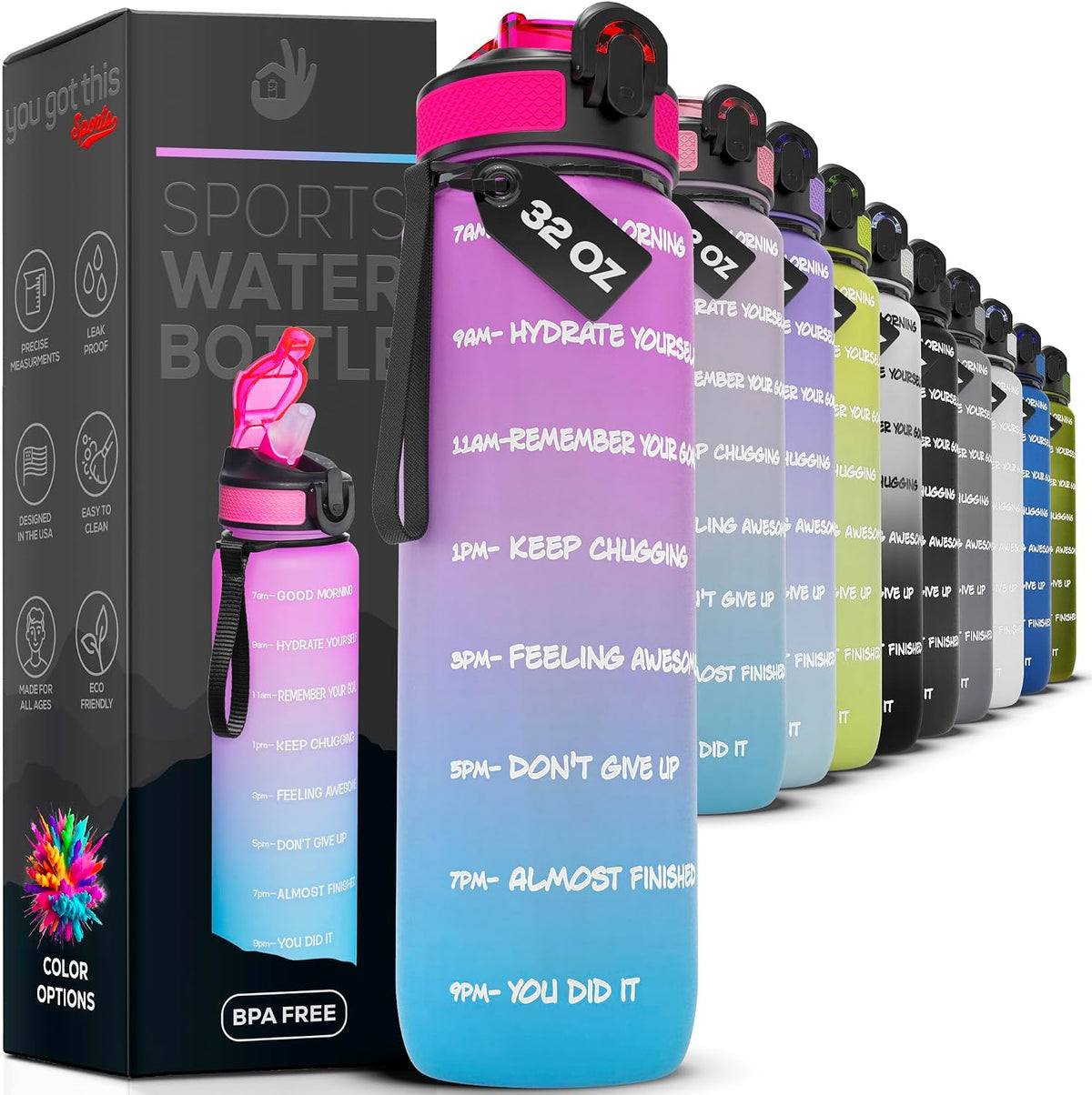 Motivational Water Bottle with Time Marker, 32 oz Water Bottle, Sports Water Bottle with Spout, Achieve All-Day Hydration SpillProof, BPA FREE
