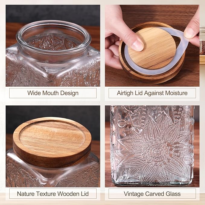 Suclain 5 Pcs Sunflower Vintage Glass Jars with Bamboo Airtight Lid 17/24/34 oz Glass Food Containers Storage for Kitchen Counter Pantry Sugar Flour Coffee Tea Candy Oats Cereal(Square)