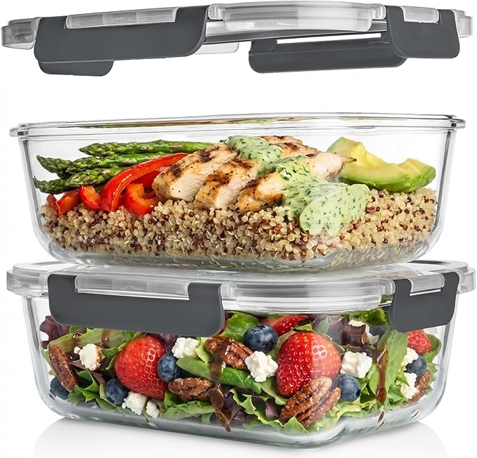 Razab 2 Pcs 1860ml / 63 Oz Large Glass Food Storage Containers with Lids - Glass Meal Prep Containers with Locking Lids for Roasting, Storing Leftover, Lunch Container, BPA Free, Microwave & Oven Safe