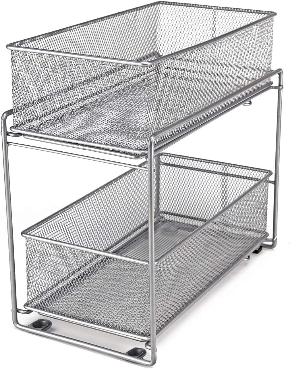2 Tier Sliding Basket Stackable Cabinet Pull-Out Drawer Mesh Organizer for Kitchen Under Sink Storage (Silver)