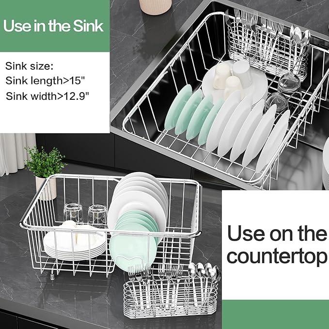 Fanbsy Large Dish Drainer Rack in Sink Adjustable, Expandable 304 Stainless Steel Metal Dish Drying Rack Organizer with Stainless Steel Utensil Holder Over Inside Sink Counter, Rustproof