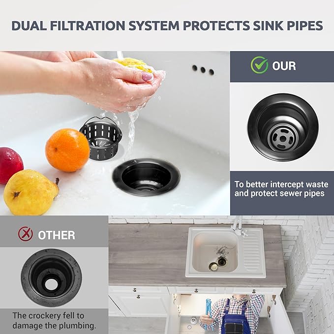 BOTEMY Kitchen Sink Drain Assembly with Removable Deep Basket Strainer, Anti-Clog Sink Drain Kit, Stainless Steel & ABS, Easy Clean Lift-Out Strainer, Fits Standard 3-1/2 Kitchen Sinks - Black