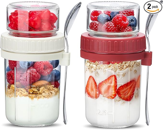 Danmu 2 Pack Overnight Oats Containers with Lids 21 oz (16+5),Dual-Layer Yogurt Parfait Cups with Lids,Meal Prep Containers Glass for Snack,Overnight Oats,Yogurt,Parfait,Salad Dishwasher Safe