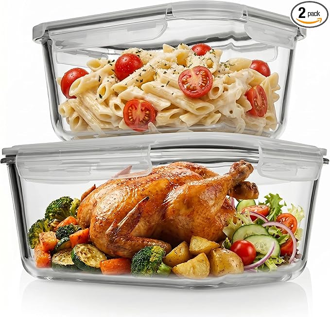 Razab 4 Pc (2700ML/ 91 Oz & 1520ML/ 51 Oz) Airtight Large Glass Food Storage Containers with Lids - BPA Free, Leak Proof Meal Prep Containers (2 Containers + 2 Lids) Microwave, Oven & Freezer Safe