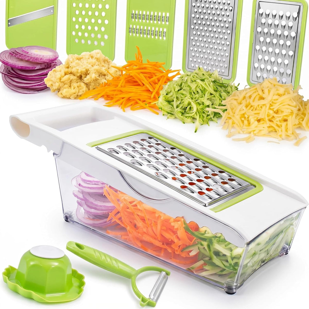 Cheese Grater with Container,5 In 1 Mandoline Slicer for Kitchen,Multi Purpose Vegetable Slicer, Easy to Clean Vegetable Chopper,Cheese Shredder,Julienne Slicer and Peeler