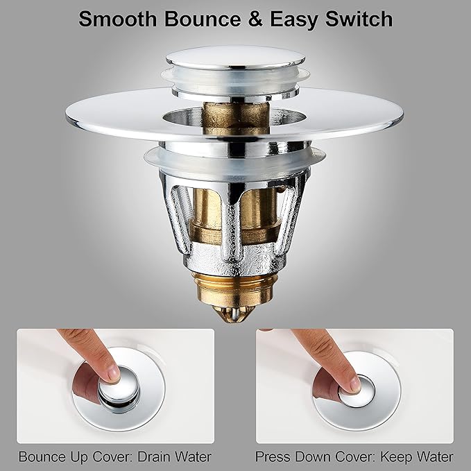 Universal Bathroom Sink Stopper - Stainless Steel Bounce Drain Filter, Pop Up Drain Stopper, Bullet Core Push Type Sink Stopper for Wash Basin, Sink Drain Plug with Anti-Clogging Strainer, Chrome