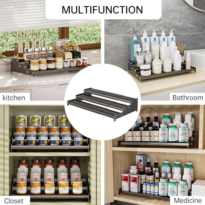 Expandable Carbon Steel Spice Rack Organizer for Pantry, Adjustable 3-Tier Ladder Shelf,Holds Up to 24 Cans,Kitchen Countertop Organizer, Rustproof Storage Rack for Spices, Cans, Sauces & Dry Goods