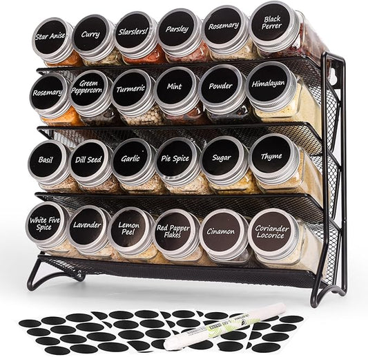 DIDITIME Spice Rack Organizer with 24 Glass Jars and 60 Labels, 4-Tier Seasoning Organizer for Cabinet, Countertop, Pantry or Wall Mount