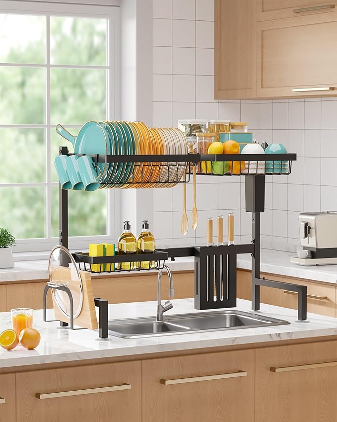 Sakugi Over The Sink Dish Drying Rack - Adjustable 2 Tier Large Capacity Stainless Steel Drainer with Cutlery & Utensil Holders