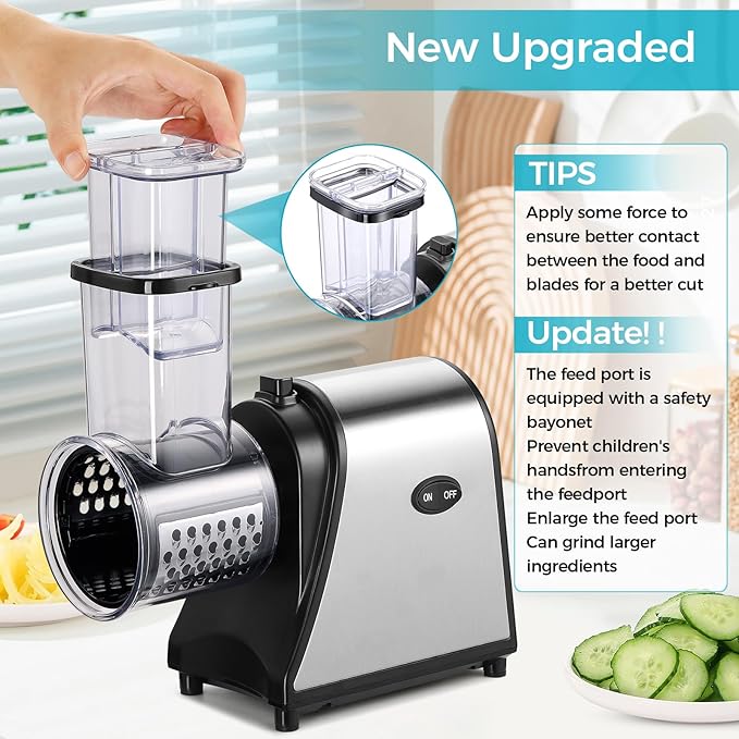 Electric Cheese Grater, 250W Electric Slicer Shredder, One-Touch Control Electric Salad Machine for Cheese, Fruits, Vegetables, Salad Maker with 5 Different Shapes of Blades, 2026 Upgrade