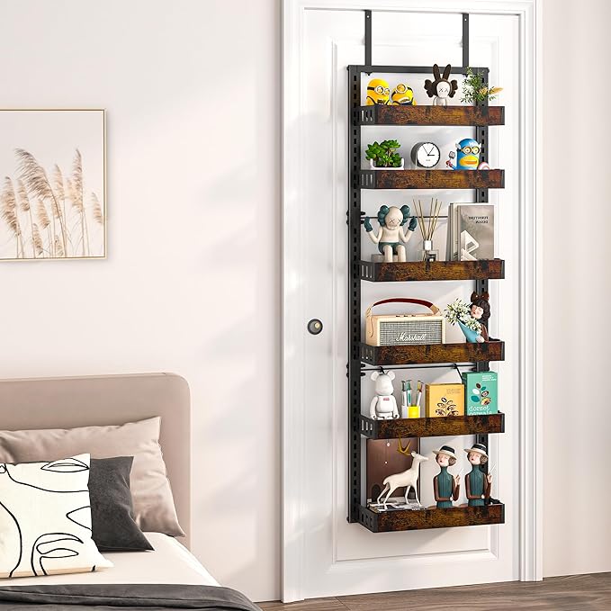 BUKFEN 6-Tier Over the Door Pantry Organizer, 2-in-1 Door Hanging or Wall Mounted Spice Rack, Heavy Duty Metal Storage Shelves with Adjustable Wooden Baskets for Kitchen Bathroom Closet