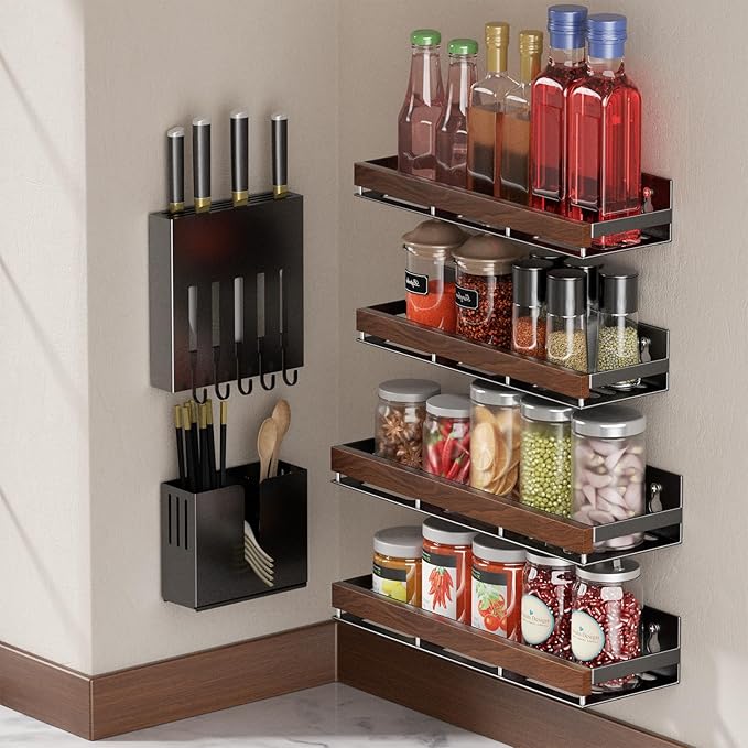 Walnut Magnetic Spice organizer for Refrigerator Wall Mount Spice Rack Magnetic Fridge Shelf Spice Jar Seasoning Organizer (Walnut 4 Pack)