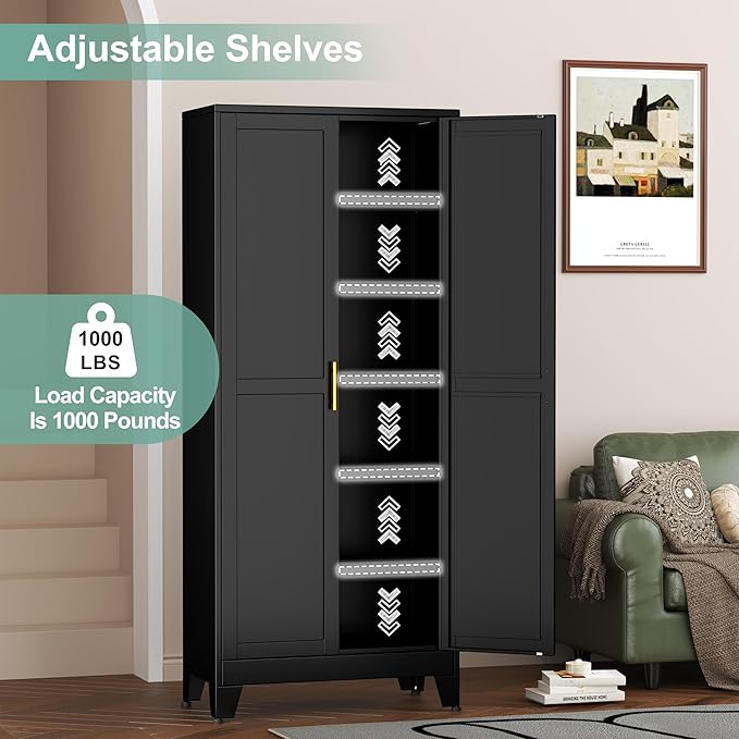 Metal Pantry Cabinet with 2 Doors and 5 Adjustable Shelves, 75"Kitchen Storage cabinets with Gold Handles, Versatile Storage for Laundry Room, Living Room, Bathroom, Dinning Room, Utility Room-Black