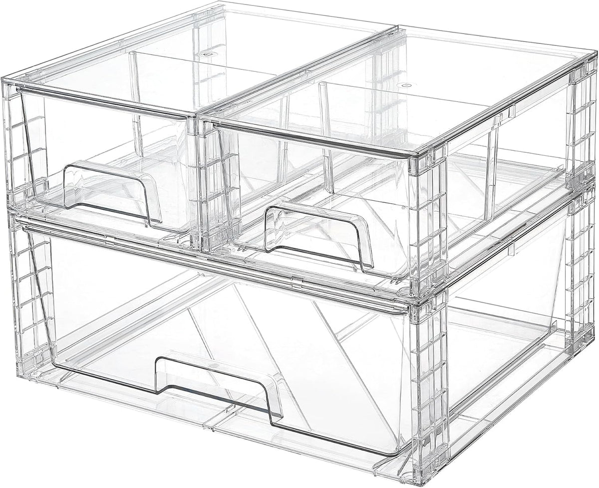 Clear Stackable Storage Drawers, 3 Pack Wide Organizer Set