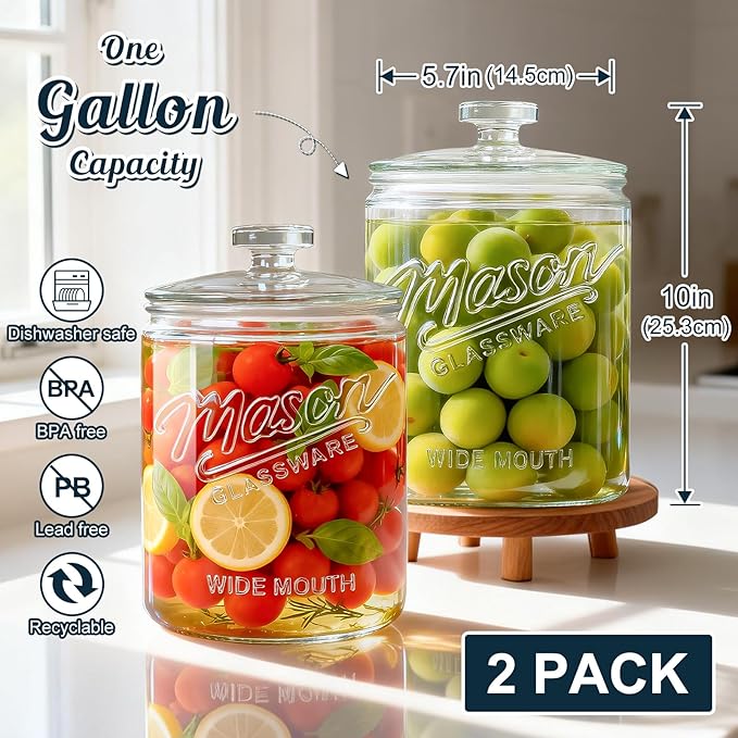 2 Pack 1 Gallon Glass Cookie Jar with Lid, Glass Canisters for Pantry Organizers & Storage, Wide Mouth Mason Jar for Flour Sugar, Sourdough Starter, Coffee, Dog Treat, Apothecary, Laundry Room