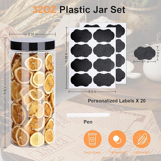 Plastic Jars with Lids,OBKJJ 20 PCS 32 OZ Large Capacity Clear Storage Containers with Leakproof Lids Reusable Empty Storage Container for Dry Food Spice Candy Cookie Household and Kitchen Organizing