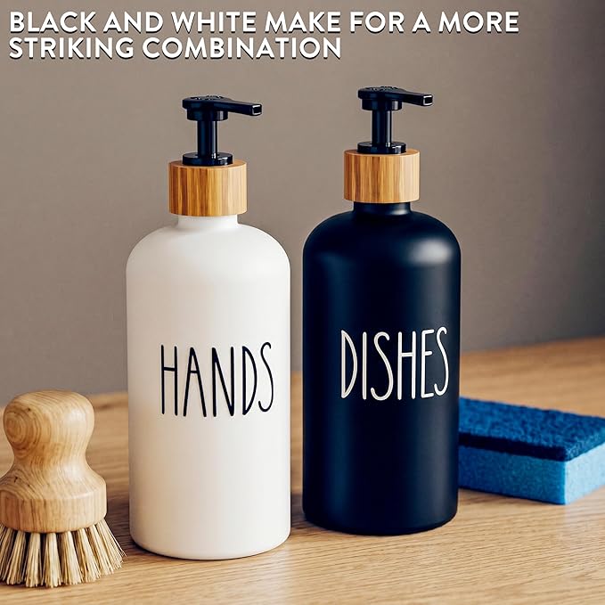 Cisily Kitchen Soap Dispenser Set with Sink Caddy, Glass Bottle, Hand and Dish Soap Dispenser Set with Sponge Holder (Black & White Round Bottles + Black Sponge Holder)