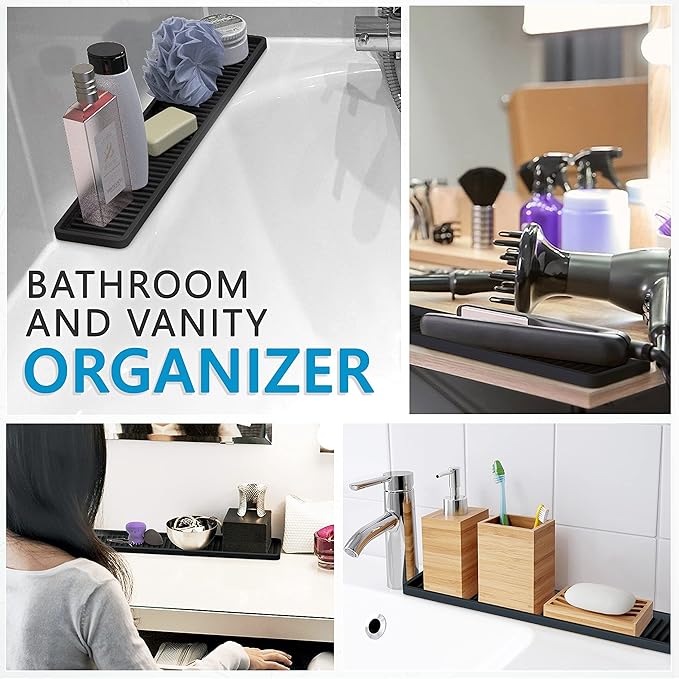 ZAPPOWARE Silicone Kitchen Sink Caddy Sponge Holder 17.7"x 4.33", Black - Bathroom Vanity Tray Organizer, Kitchen Soap Tray for Dish Scrubber, Soap Dispenser and Sponge