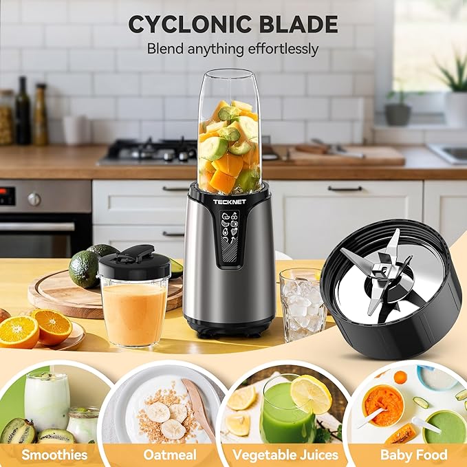 TECKNET 25000RPM Personal Blender, 1000W Smoothie Blender, Portable Small Blenders, Self-Clean Smoothie Maker, Mixer Grinder Combo - Protein Shakes, Puree & Coffee Grind, BPA-Free To-Go Cups 17oz&10oz