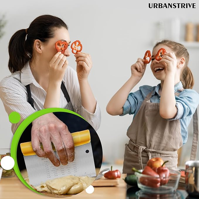 Urbanstrive Bench Scraper for Baking, Stainless Steel Dough Cutter and Scraper Tool Kitchen, Kitchen Scraper Food Scraper Tool Pizza Cutter Food Chopper, Multi-Purpose Kitchen Gadgets, Yellow