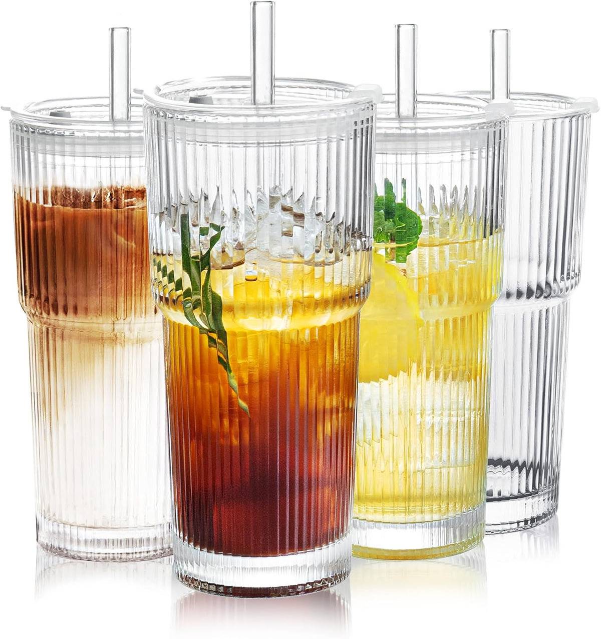4 Pack Glass Cups with Lids and Straws, 20oz, Ribbed Pattern