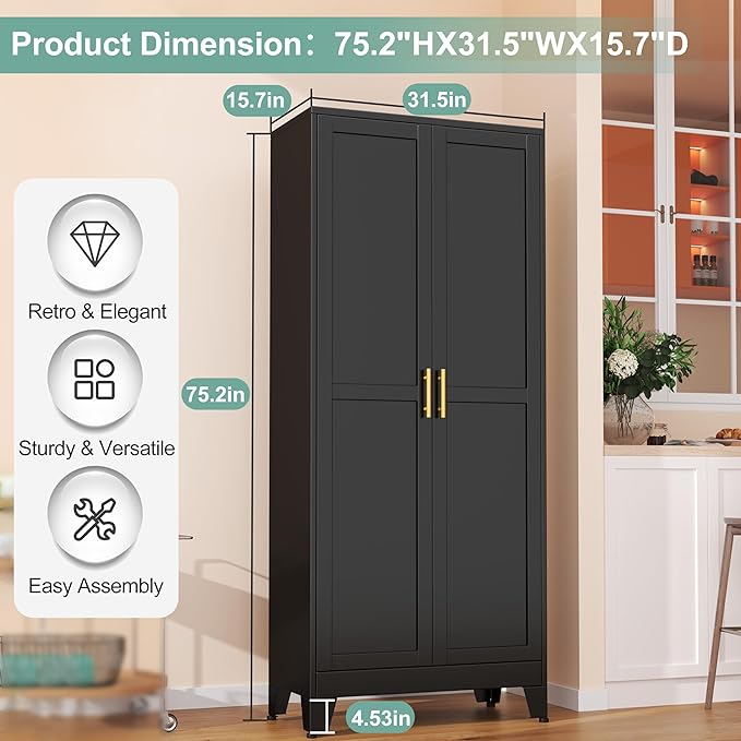 Metal Pantry Cabinet with 2 Doors and 5 Adjustable Shelves, 75"Kitchen Storage cabinets with Gold Handles, Versatile Storage for Laundry Room, Living Room, Bathroom, Dinning Room, Utility Room-Black