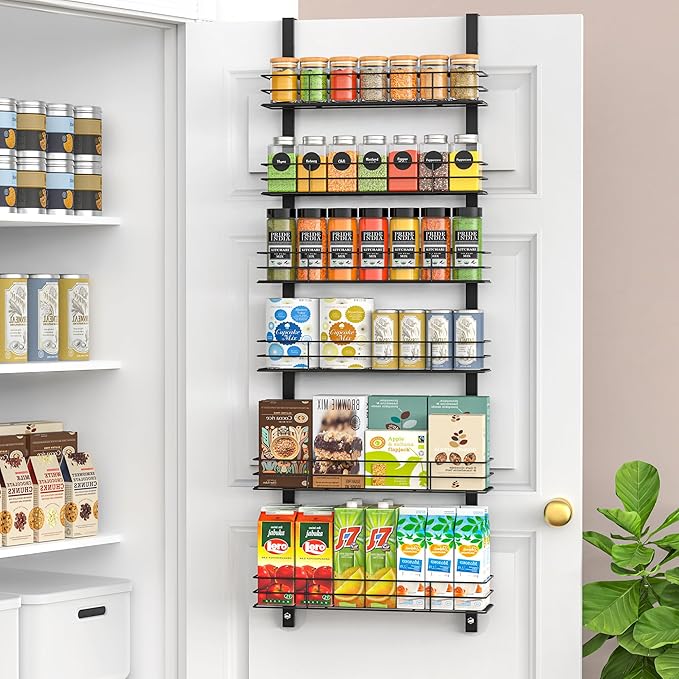 6-Tier Over The Door Spice Rack, Large-Capacity Adjustable Hanging Pantry Organizer 3 Size Baskets, No-Sway No-Drill Door Mount, Heavy-Duty Rustproof Steel, 15.75″ Wide, Black