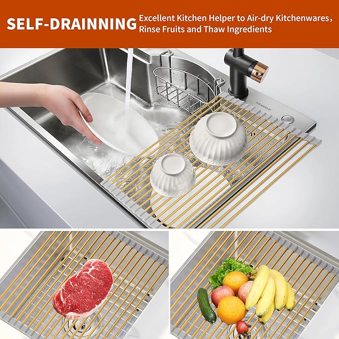 Golden Roll-UP Dish Drying Rack-Large Stainless Steel Dish Drainer Over The Sink for Kitchen Countertop, Applicable for Sink Width Less Than 16.5in (Gold,17.8'x 13.2')