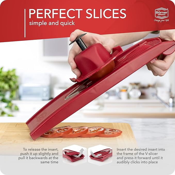 Börner Mandoline Slicer V1 (Basis Set) • V-Slicer with 2 Inserts & Fruit Holder • Adjustable Kitchen Slicer for Vegetables & Fruits • Vegetable Cutter • 3 Thickness Settings • Color: Red