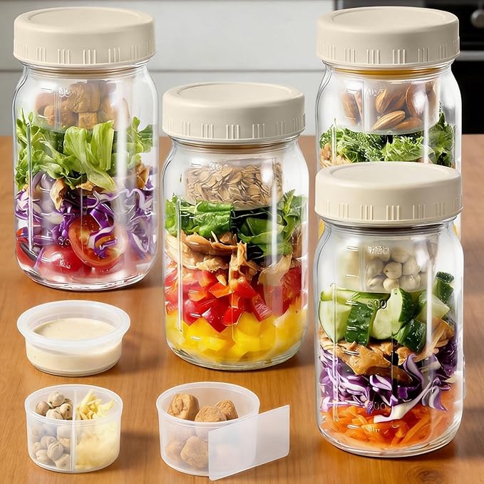 4 Pack Glass Salad Pod Mason Jar with Dressing Cup, 32 oz Salad Container to Go with Lids Meal Food Prep for Adults Lunch, Large Travel Mason Jar Bowl with 2 Insert Dressing & Topping Holder