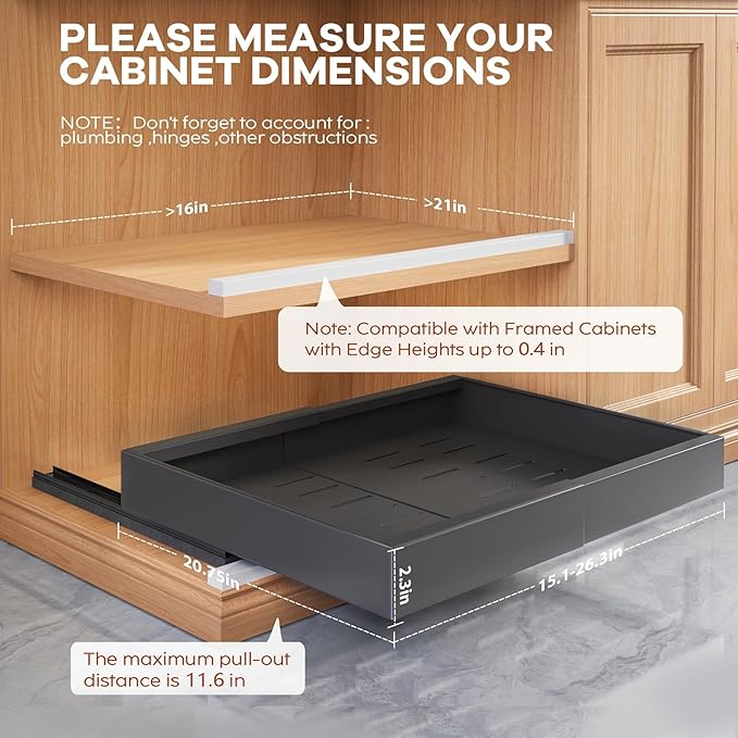Seinloes 2 Pack Expandable (15.1"-26.3") Pull Out Cabinet Organizer 21" Deep With Raising Pad for Framed Cabinets,Upgrade 3 Slide Rails Slide Out Drawers,No Drill Roll Out Shelves Adhesive,Black