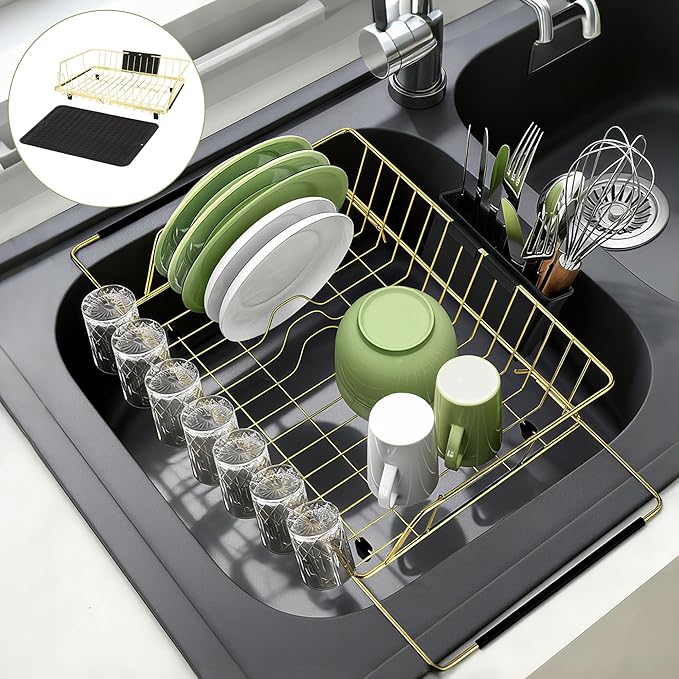 Golden Expandable Dish Drying Rack with Silicone Drying Mat-Extra Large Stainless Steel Dish Drainer Over The Sink with Utensil Holder, Applicable for Sink Width 16'-22' (Gold,23.2'*12.2')