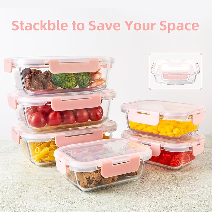 16PCS (8 Bowls + 8 Lids) High Borosilicate Glass Meal Prep Containers, Food Storage Containers with Airtight Lids, Glass Lunch Bento Boxes,Dishwasher Safe, pink