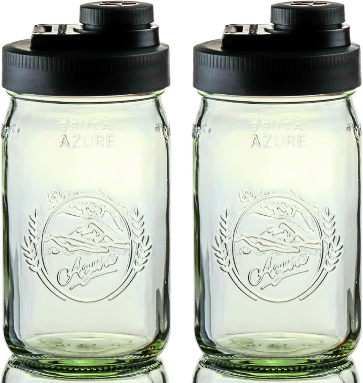 Glass Mason Jar Pitcher with Lid - Azure Standard Jars, 1 Quart (32 oz) with Black Wide Mouth Pour Lid, for Smoothie, Boba Cup, Sun Tea, Cold Coffee Glass Tumbler, 2-Pack