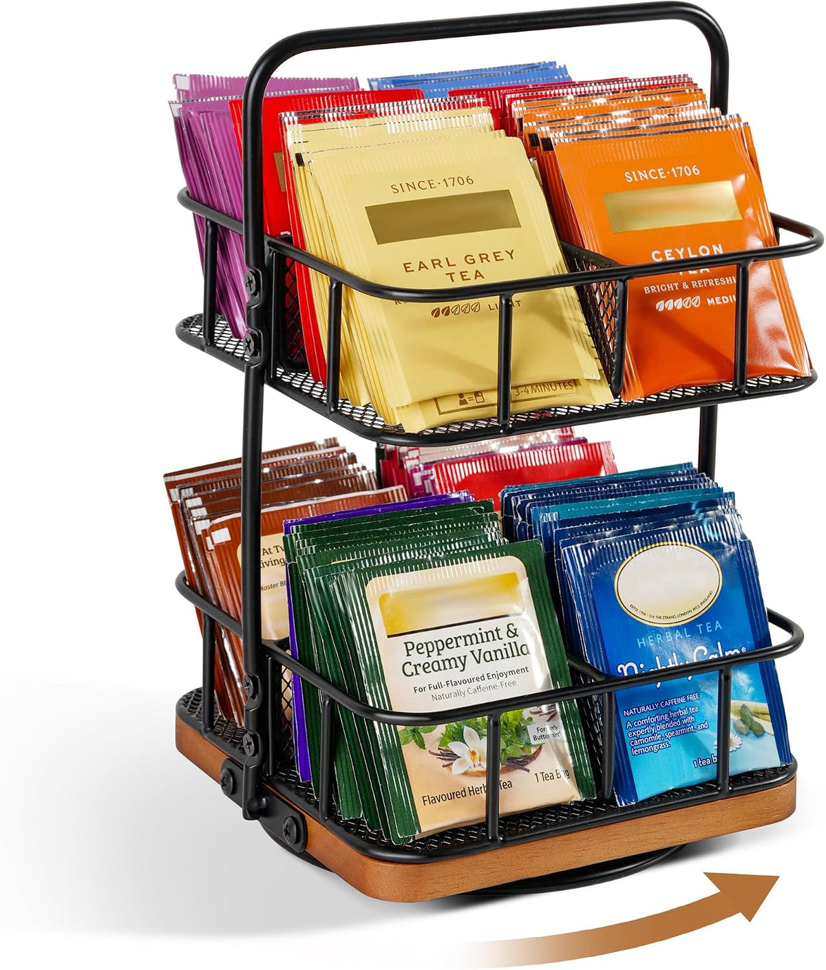 Rotating 2 Tier Tea Bag Organizer, 360° Spinning Teabag Organizer