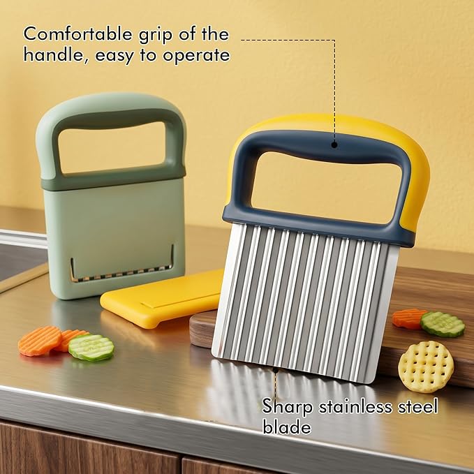 2 Pack Crinkle Cutter Set - French Fry Cutter for Potatoes, Premium Stainless Steel Potato Slicer, Safe Wavy Veggie Slicer with Blade Cover, Space-Saving Crinkle Knife