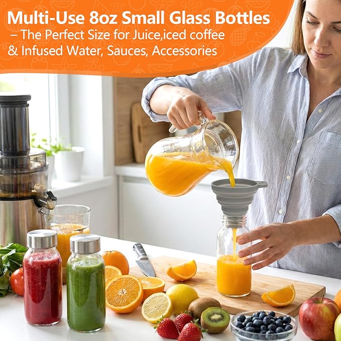Luxfuel 8 oz Glass Water Bottles with Lids, 10 Pack Small Glass Juice Bottles with Stainless Steel Caps & Funnel, Leak-Proof Containers for Juicing, Milk, Ginger Shots, Smoothies, Wellness Drinks
