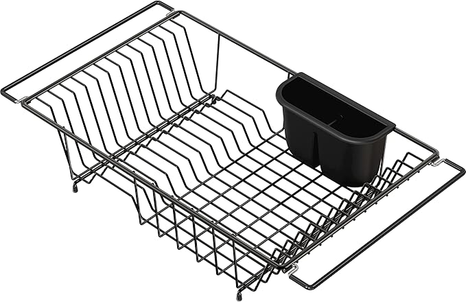 Simple Houseware Large Over Sink Counter Top Stainless Steel Dish Drainer Drying Rack with Utensil Holder, Black