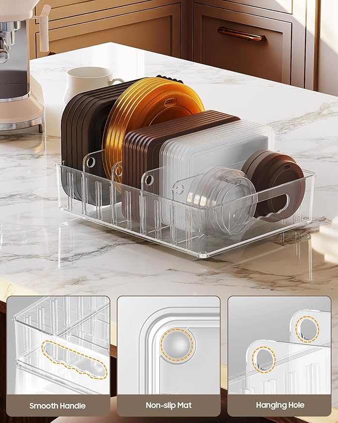 LYNG Lid Organizers Inside Cabinet, Clear Plastic Storage Lid Organizer With 4 Adjustable Dividers, Food Container Lid Organizer For Kitchen Pantry Blue