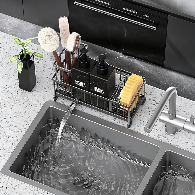 Cisily Kitchen Soap Dispenser Set with Sink Caddy, Glass Bottle, Hand and Dish Soap Dispenser Set with Sponge Holder (Black Square Bottle + Black Sponge Holder)