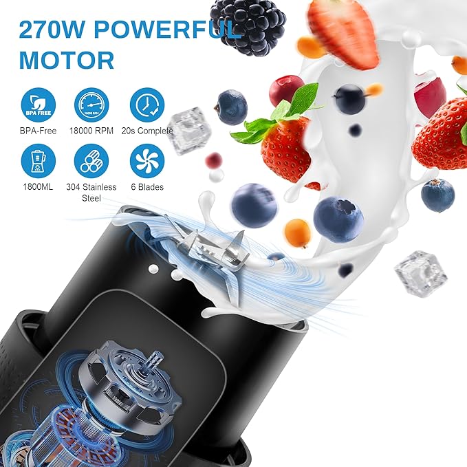 Portable Blender for Shakes & Smoothies 1800ML, Rechargeable Personal Blender with Travel Lid for Kitchen 4000mAh, Waterproof Blender Cup with Six Blades for Sport/Home/Office/Gym (Black)