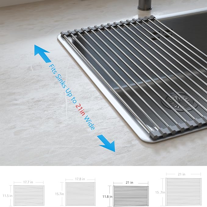 Tomorotec Roll Up Dish Drying Rack Over the Sink Grey Large Dish Drying Rack Rolling Foldable Collapsible SUS304 Stainless Steel Multipurpose Dish Drainer for Kitchen Counter (21”x11.8”)