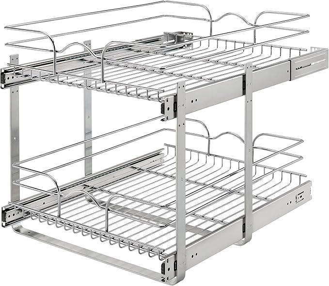Rev-A-Shelf 2-Tier Pullout Shelf and Drawer Organizer for Kitchen Cabinets, Slide Out Storage Basket, Min Opening Width of 17.5", 18" x 22", 5WB2-1822CR-1