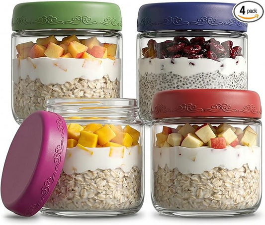 10 OZ 4Pack, Overnight Oats Jars with Lids, Glass Meal Prep Containers, Airtight Mason Jars for Breakfast, Yogurt Parfait, Salad & Smoothies, Leakproof and Reusable Food Storage Jars(4-1)