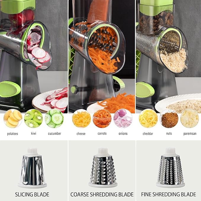 Quick Rotating Cheese Grater, Manual 3-in-1 Vegetable Chopper with Interchangeable Blades and Suction Cup Base (Green)