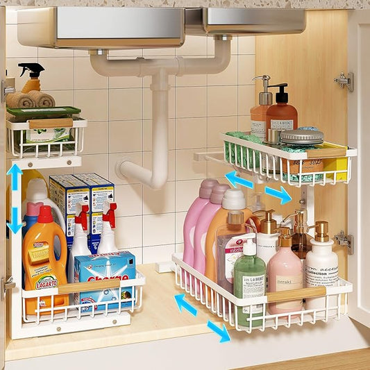 REALINN Under Sink Organizer, 2 Pack Height Adjustable Under Sink Organizers and Storage, 2 Tier Pull Out Drawer Cabinet Storage for Kitchen Bathroom, White