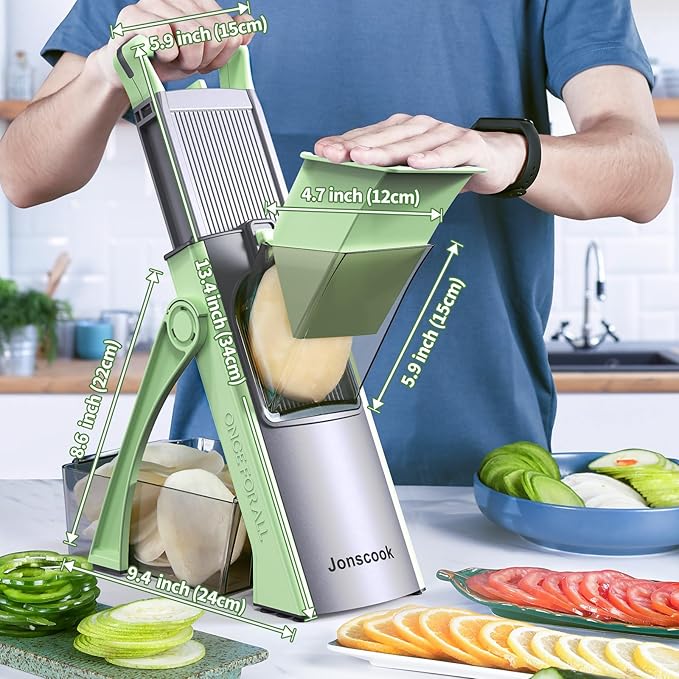 Jonscook All-in-1 Update Safe Mandoline Slicer for Kitchen, Food Chopper with Container, Thickness Adjustable Vegetable Chopper, Potato French Fry Cutter Tomato Apple Slicer Onion (Matcha Green)