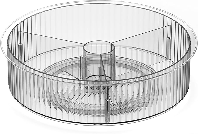 Oggi 12" Divided Fluted Lazy Susan Turntable Organizer – Clear Rotating Cabinet Organizer with Removable Divider for Kitchen, Pantry, Fridge, Bathroom, Spices, Makeup, Perfume & More
